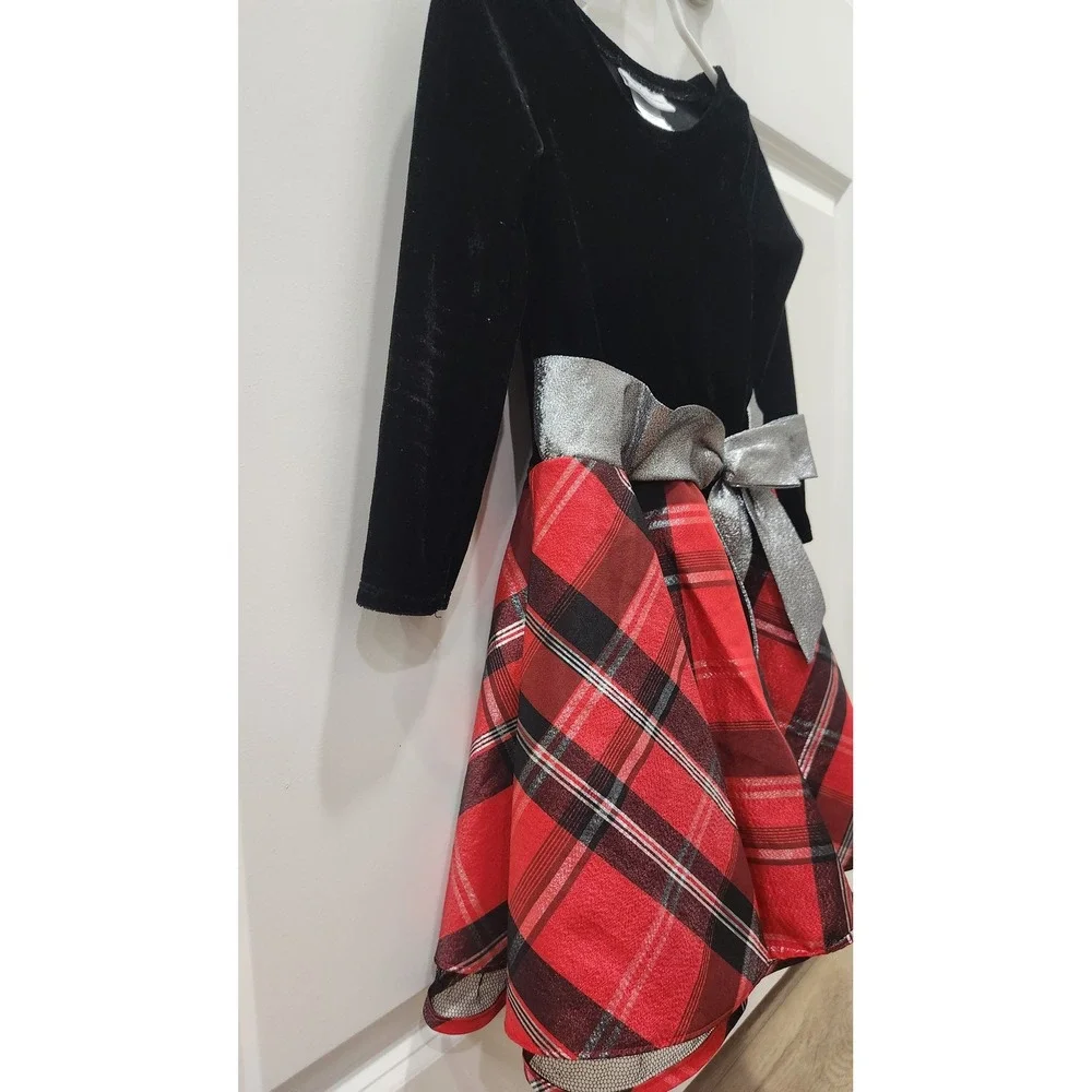 Bonnie Jean Girls Black‎ Velvet Red Plaid Silver Holiday Dress Christmas Size 4T